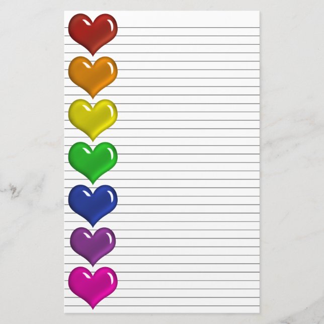 Rainbow Coloured Hearts optional lines stationery (Front)