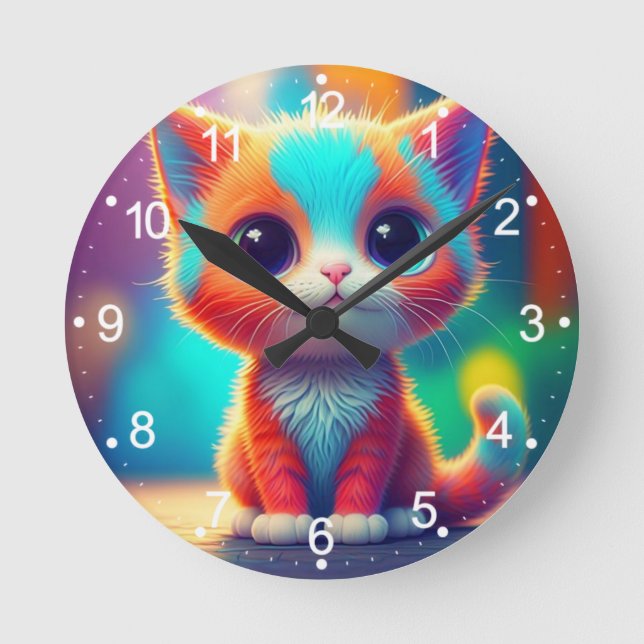 Rainbow Coloured Kitten Cartoon  Round Clock (Front)