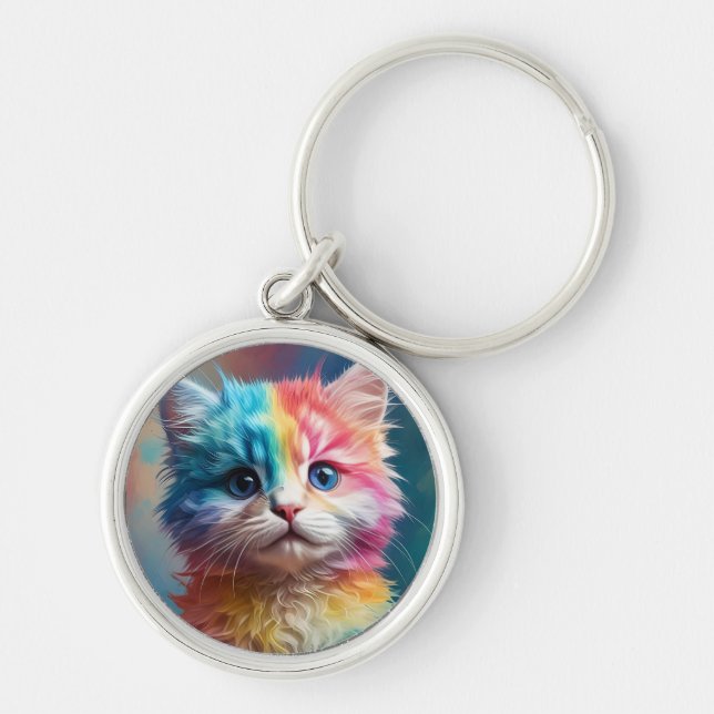 Rainbow Coloured Kitten Potrait  Key Ring (Front)