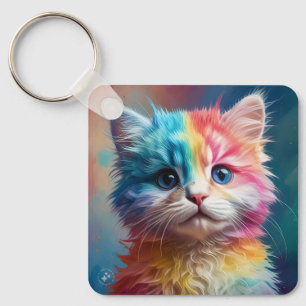 Rainbow Coloured Kitten Potrait  Key Ring