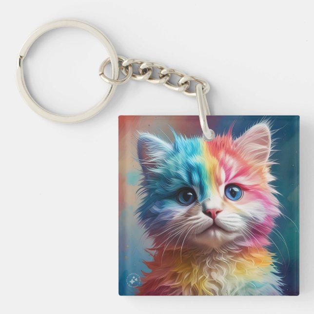 Rainbow Coloured Kitten Potrait  Key Ring (Front)