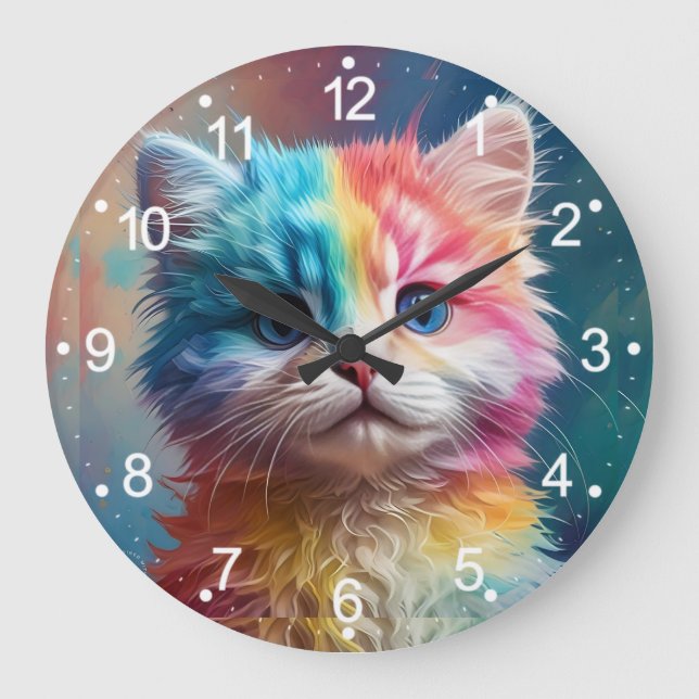 Rainbow Coloured Kitten Potrait  Large Clock (Front)