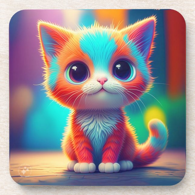 Rainbow Coloured Kitten Sitting Cartoon-68677  Coaster (Front)