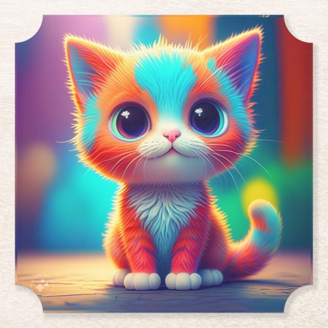 Rainbow Coloured Kitten Sitting Cartoon-68677  Paper Coaster (Front)