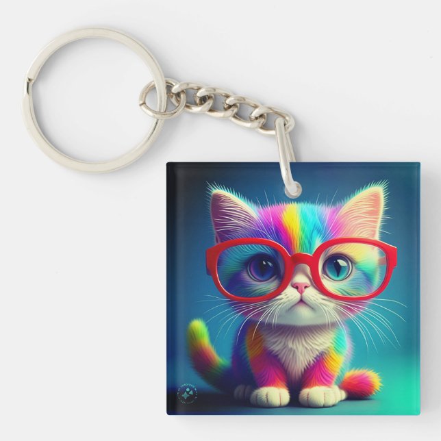 Rainbow Coloured Kitten Wearing Glasses-46568 Key Ring (Front)