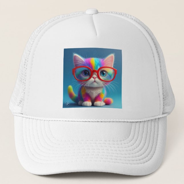 Rainbow Coloured Kitten Wearing Glasses-46568 Trucker Hat (Front)