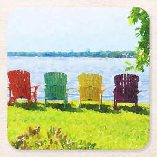 Rainbow Coloured Lakeside Adirondack Chairs Square Paper Coaster