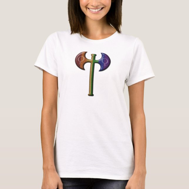 Rainbow Coloured Lesbian Pride Labrys  T-Shirt (Front)