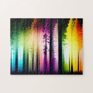 Rainbow Coloured Mist in Black Silhouette Forest Jigsaw Puzzle