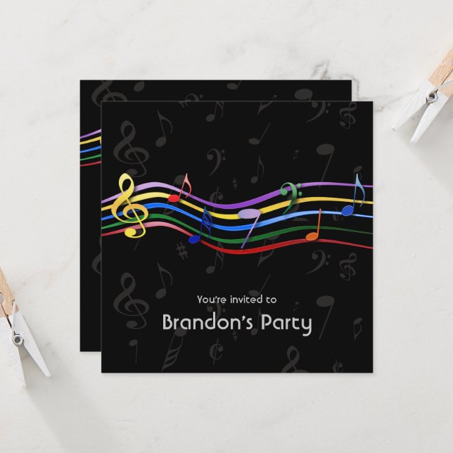 Rainbow Coloured Music Notes Birthday Party Invitation (Front/Back In Situ)