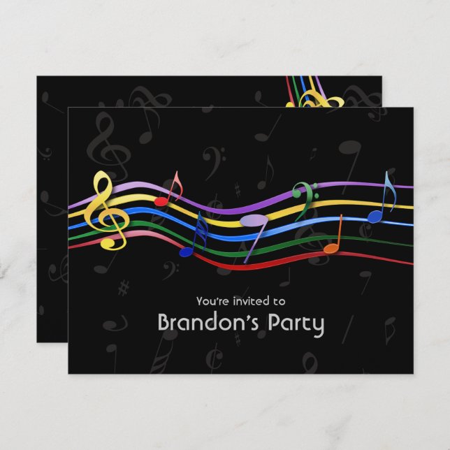 Rainbow Coloured Music Notes Invitations (Front/Back)