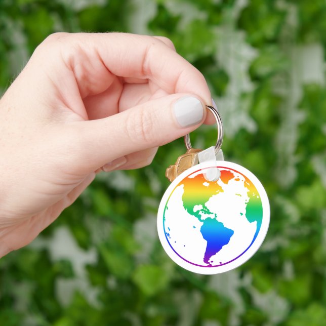 Rainbow coloured planet earth key ring (Hand)