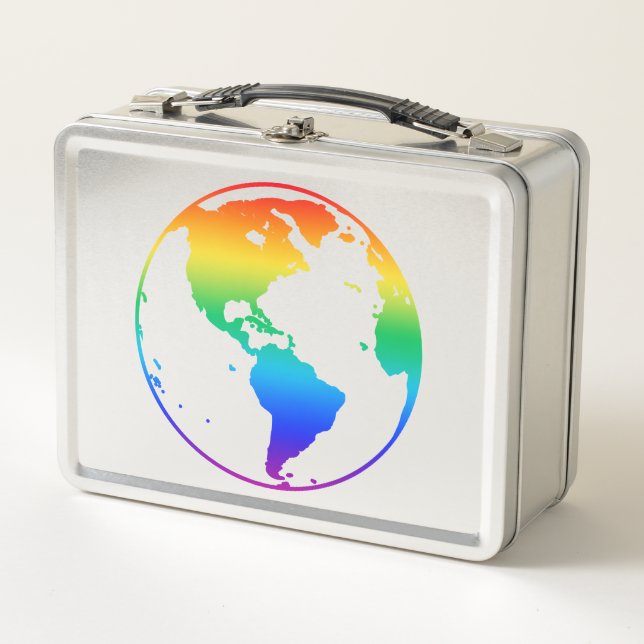Rainbow coloured planet earth metal lunch box (Front)