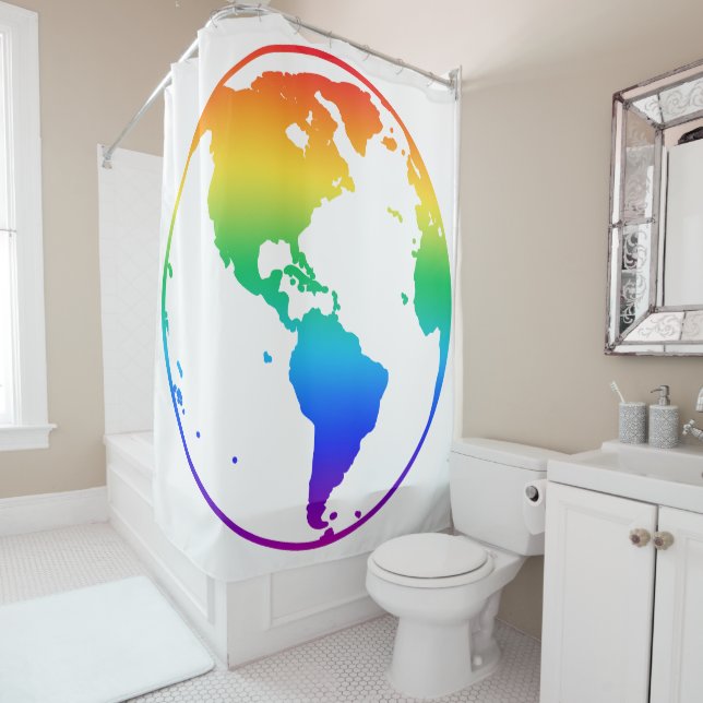 Rainbow coloured planet earth shower curtain (In Situ)