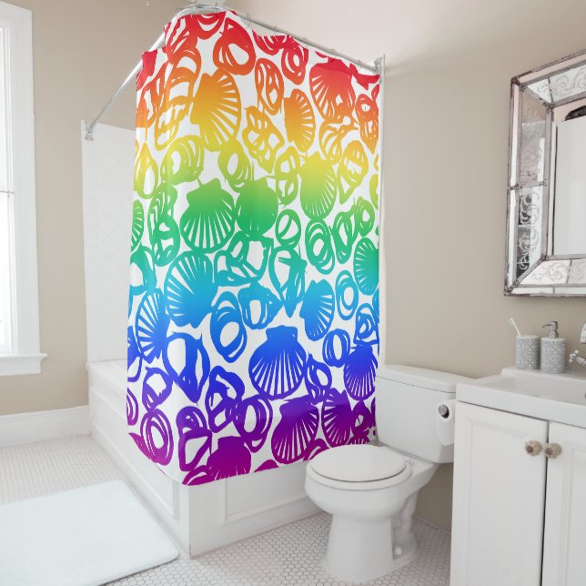 Rainbow coloured sea shells in Line drawing Shower Curtain (In Situ)