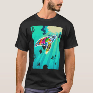 Rainbow Coloured Sea Turtle Swimming In The Ocean  T-Shirt