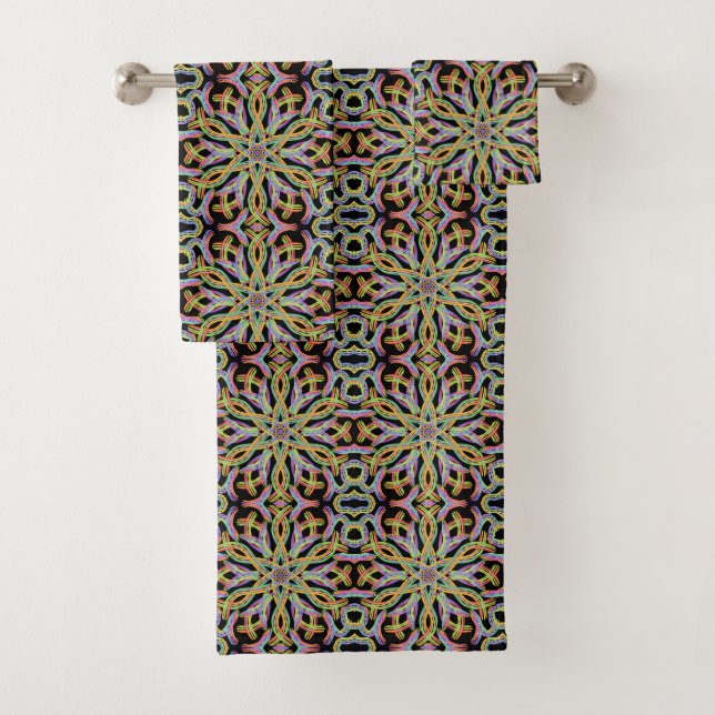Rainbow Coloured String Rope Pattern Art Bath Towel Set (Insitu)