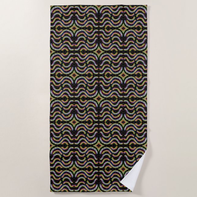Rainbow Coloured String Rope Repeating Pattern Art Beach Towel (Front)