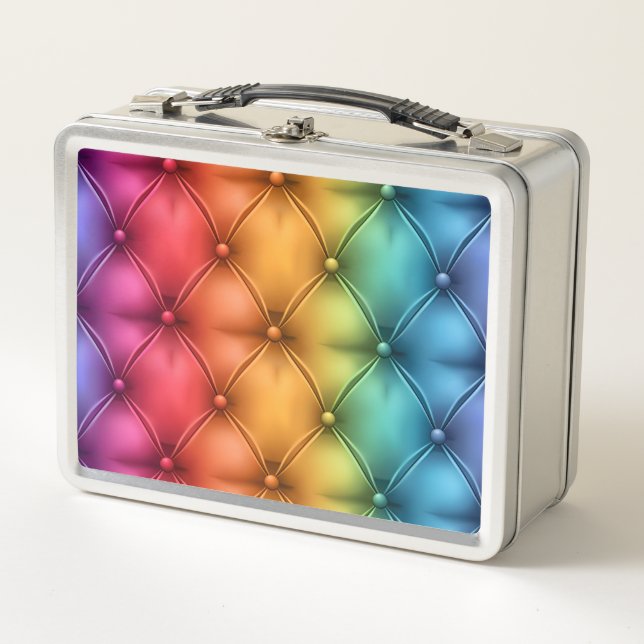 Rainbow  coloured tufted appearance happy metal lunch box (Front)