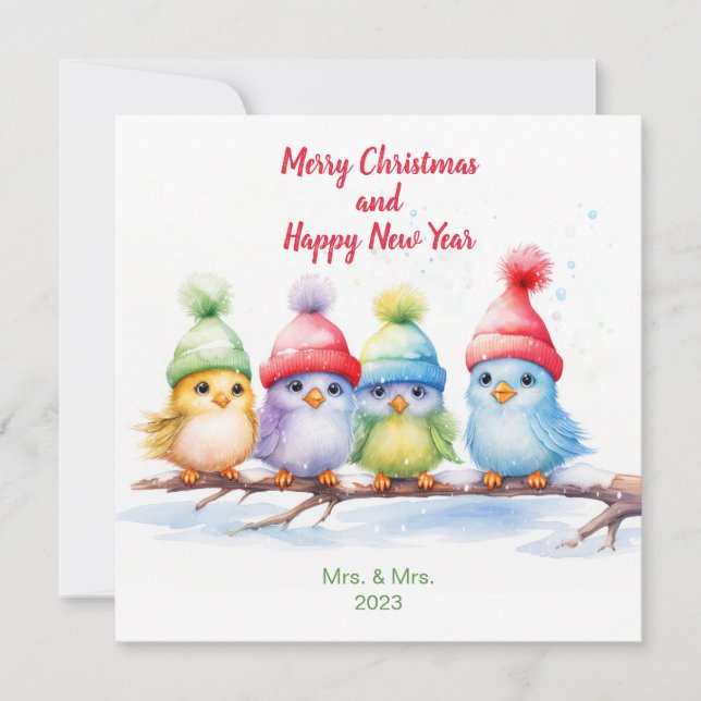 Rainbow Colourful Christmas Birds Holiday Card (Front)