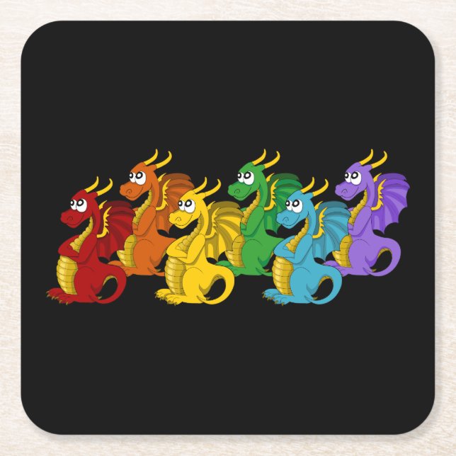 Rainbow colourful dragons cartoon  square paper coaster (Front)