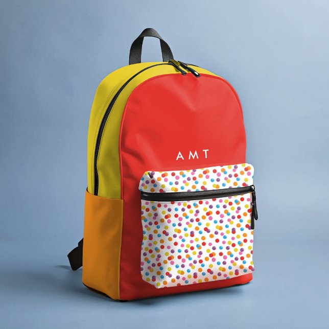 Rainbow Colourful Gumball Personalised Name Initia Printed Backpack (Bright, primary colors personalizable school backpack featuring a rainbow gumball candy pocket.)