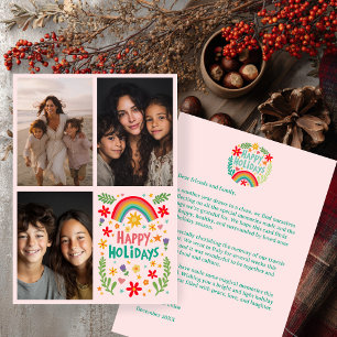 Rainbow Colourful Hand-Drawn CUSTOM 3 PHOTO Letter Holiday Card