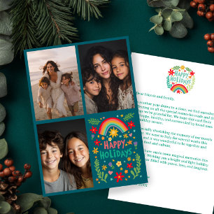 Rainbow Colourful Hand-Drawn CUSTOM 3 PHOTO Letter Holiday Card