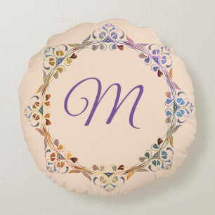 Rainbow Colourful Leaf Ring Monogram Round Cushion