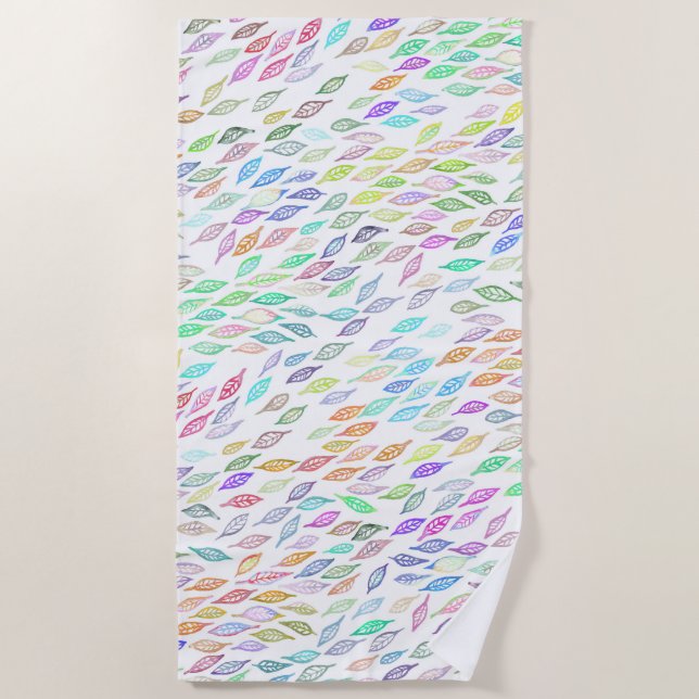Rainbow Colourful Leaves Feather Watercolor Patter Beach Towel (Front)