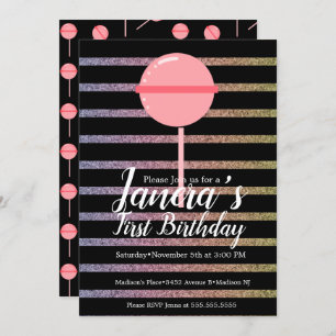 Rainbow Colourful Lollipop Candy Bar First Birthda Invitation