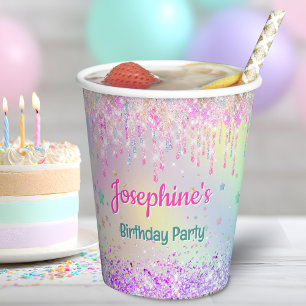Rainbow colourful pink aqua drips birthday paper cups