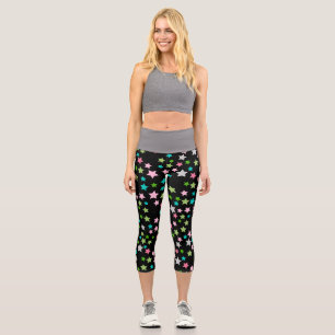 Rainbow Colourful Stars Black Starry Night Capri Leggings