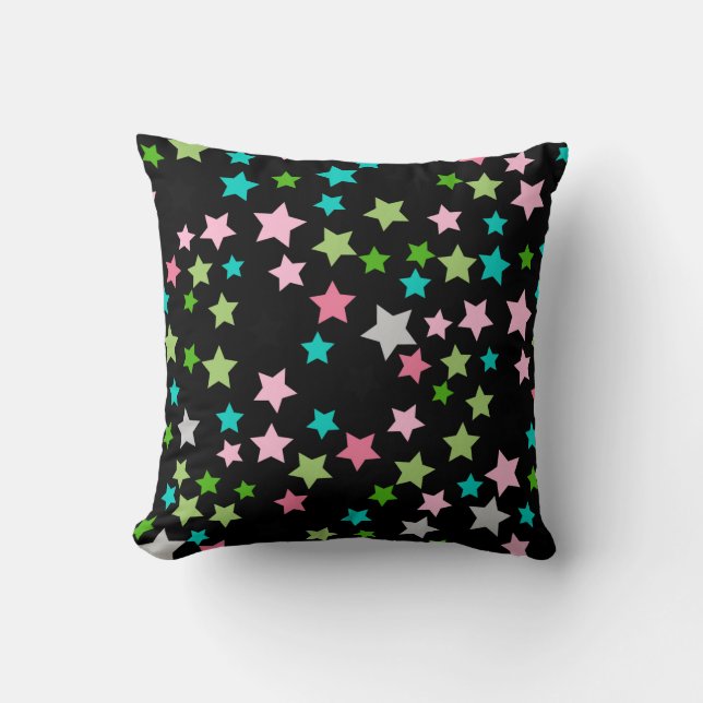 Rainbow Colourful Stars Black Starry Night Cushion (Front)