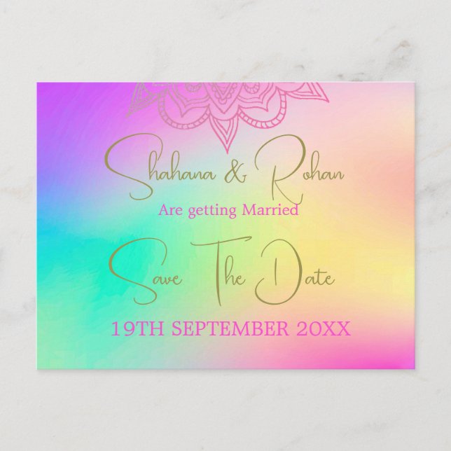Rainbow Colourful Wedding Save The Date Announcement Postcard (Front)