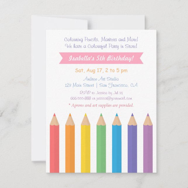 Rainbow Colouring Pencils Arts Kids Birthday Party Invitation (Front)
