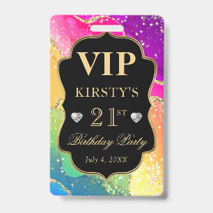 Rainbow Colours and Gold Glitter Agate Birthday VI ID Badge