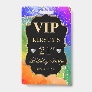 Rainbow Colours and Gold Glitter Agate Birthday VI ID Badge