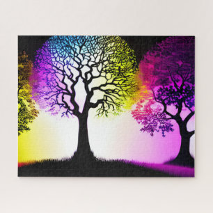 Rainbow Colours Around Black Silhouette Trees Jigsaw Puzzle