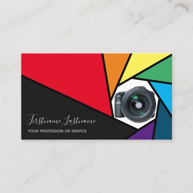 Rainbow colours camera aperture for Photographers Business Card (Front)