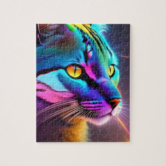Rainbow Colours Cat With Neon Lights, Colourful Ca Jigsaw Puzzle (Vertical)