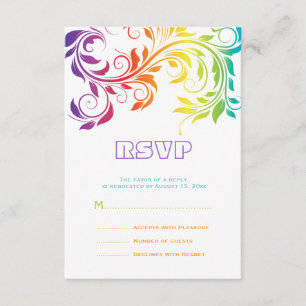 Rainbow colours colourful scroll leaf wedding RSVP