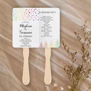 Rainbow colours confetti and trees wedding program hand fan