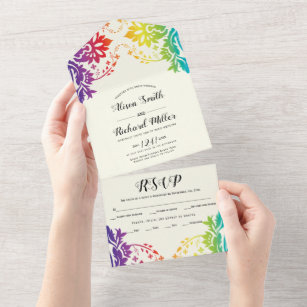 Rainbow colours damask gay, lesbian wedding all in one invitation