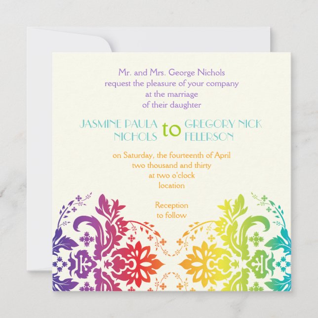 Rainbow colours damask wedding invitation (Front)