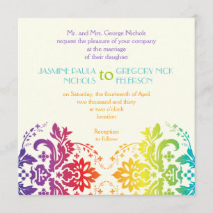 Rainbow colours damask wedding invitation