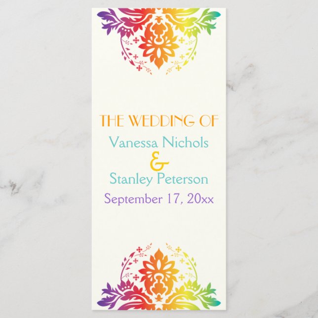Rainbow colours damask wedding program programme (Front)