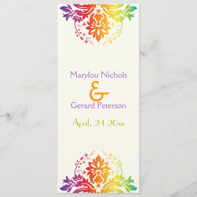 Rainbow colours damask wedding program programme (Front)