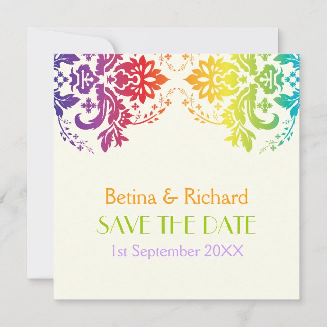Rainbow colours damask wedding Save the Date (Front)