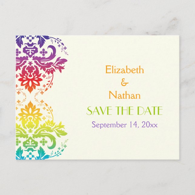 Rainbow colours damask wedding Save the Date Announcement Postcard (Front)